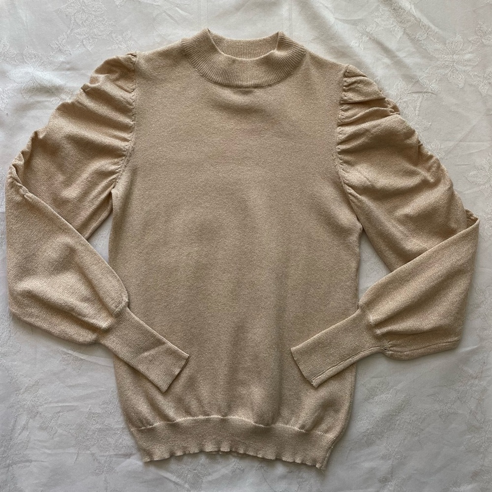 Studio 19 y2K Sweater Womens Small Gold Puff Sleeve Ruched Metallic Thread Mock